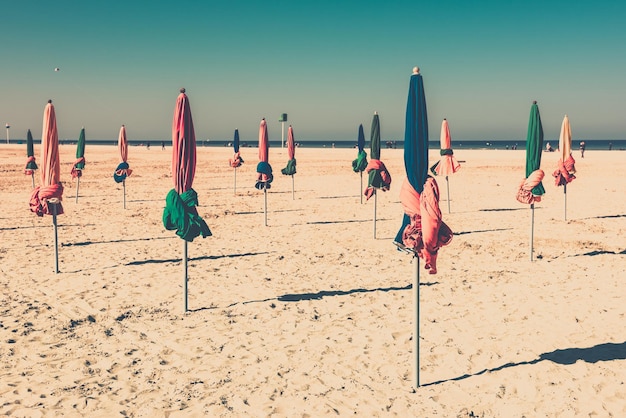 The famous colorful parasols on Deauville beach