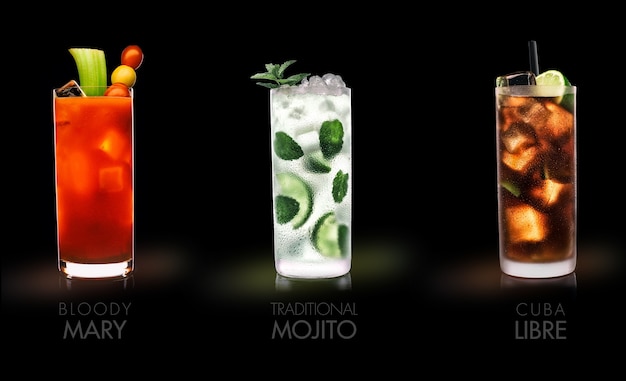 Famous drinks (Bloody Mary, Mojito, Cuba Libre)  - black surface