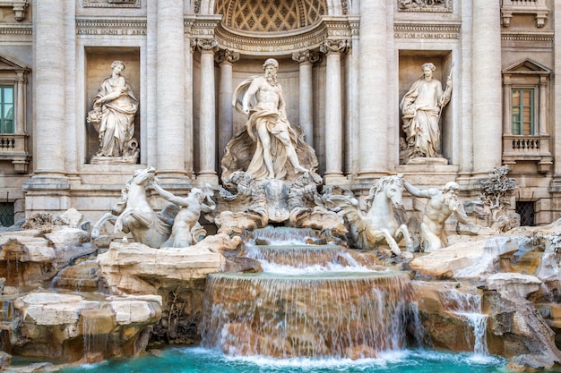 The famous fountain of the Trevi in Rome, executed in the Baroque style. 