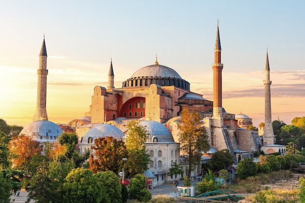 Famous Hagia Sophia Mosque at sunset, Istanbul, Turkey.