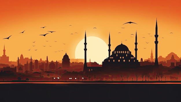Famous historical Ottoman mosque in Istanbul Turkey popular tourism destination at sunset