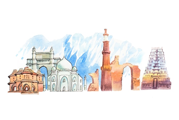 Famous Indian landmarks travel and tourism waercolor illustration