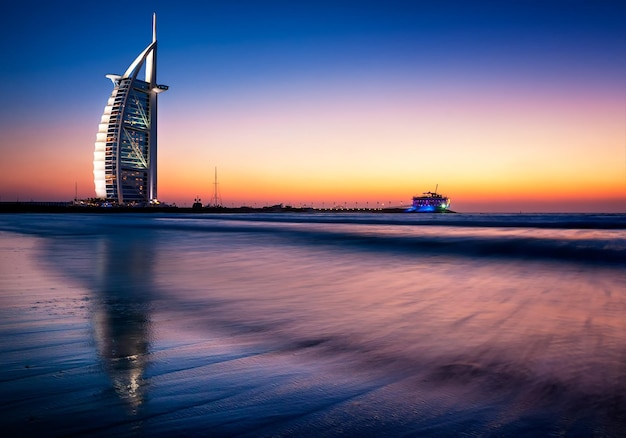 Знаменитый вид на пляж Джумейра с 7-звездочным отелем Burj Al Arab Дубай Объединенные Арабские Эмираты