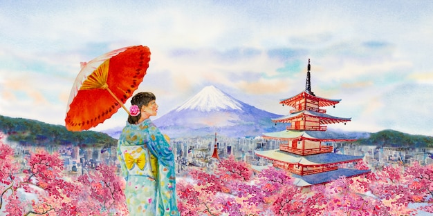 Photo famous landmarks of japan in spring.