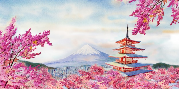 Famous landmarks of Japan in spring.