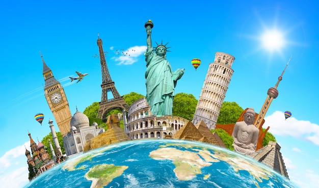 Photo famous landmarks of the world surrounding planet earth