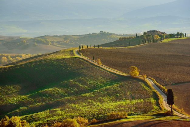 Famous landscape with Gladiator road in Tuscany Italy Natural background