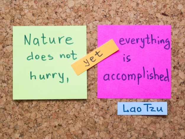 Famous Lao Tzu quote interpretation with sticker notes on cork board