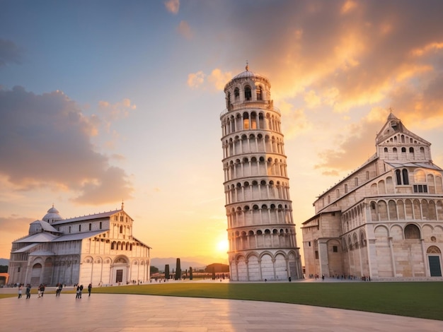 знаменитая наклонная башня в Пизе, Италия с прекрасным восходом солнца