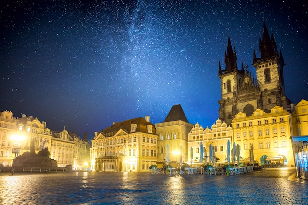 Famous Old Town Square at night in Prague with stars sky Czech Republic Europe