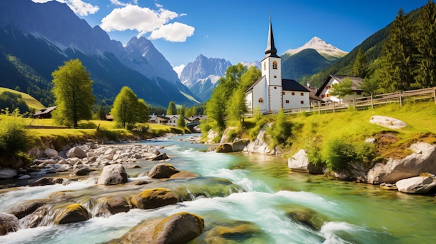 Famous ramsau church with alpine river brock