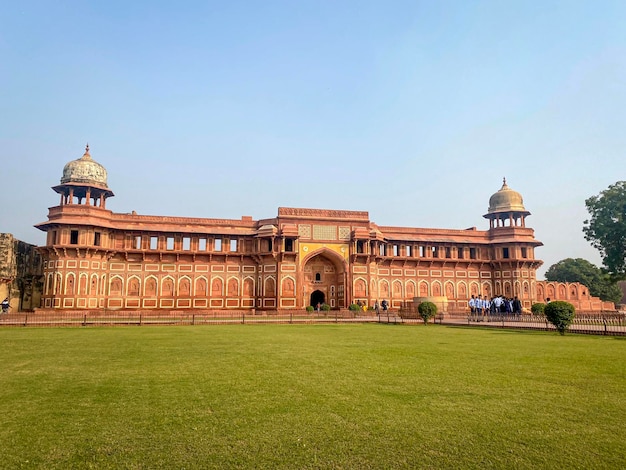 The famous red fort in the city of Agra India Tourists visit a popular tourist attraction