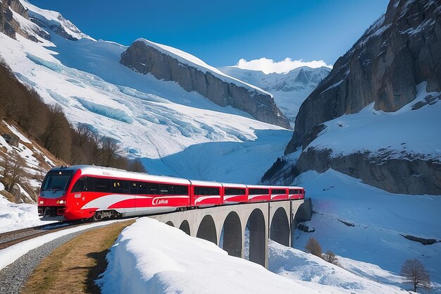 Famous sightseeing train in Switzerland the Glacier Express in winter