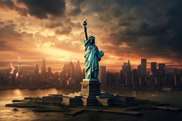 The famous statue of liberty a symbol of freedom stands tall in new york city the statue of liberty over the scene of new york cityscape riverside which is located in lower manhattan ai generated