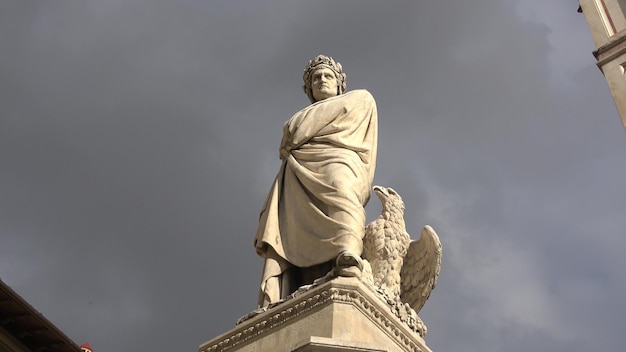 Famous statue of poet Dante Alighieri in front of Basilica Santa Croce Square in Florence Tuscany Italy