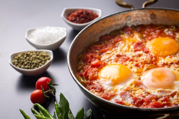 Famous Turkish menemen dinner on table, made by eggs, pepper and tomatoes.