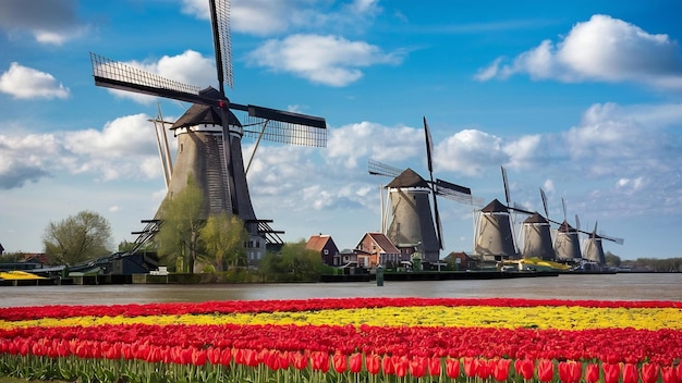 写真 オランダのキンダーデイク村の有名な風車とチューリップの花の花床