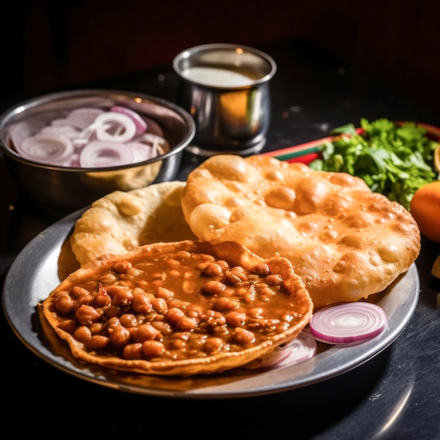 Photo famouse indian food called chole bhature made from chickpea and fried puri
