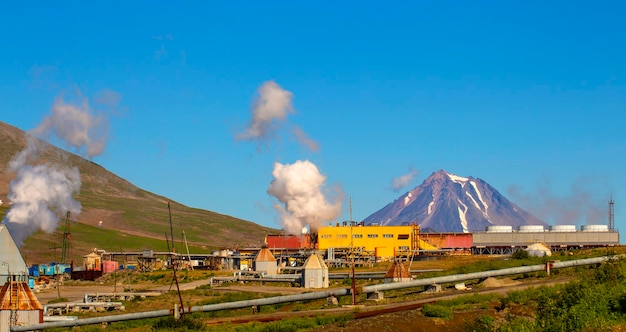 Fan cooling towers of Mutnovskaya Geothermal Power Station using geothermal energy to produce electricity