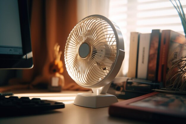 Photo a fan sitting on top of a desk next to a computer this image can be used to depict a cooling solution for computers or to illustrate the concept of staying cool in a work environment