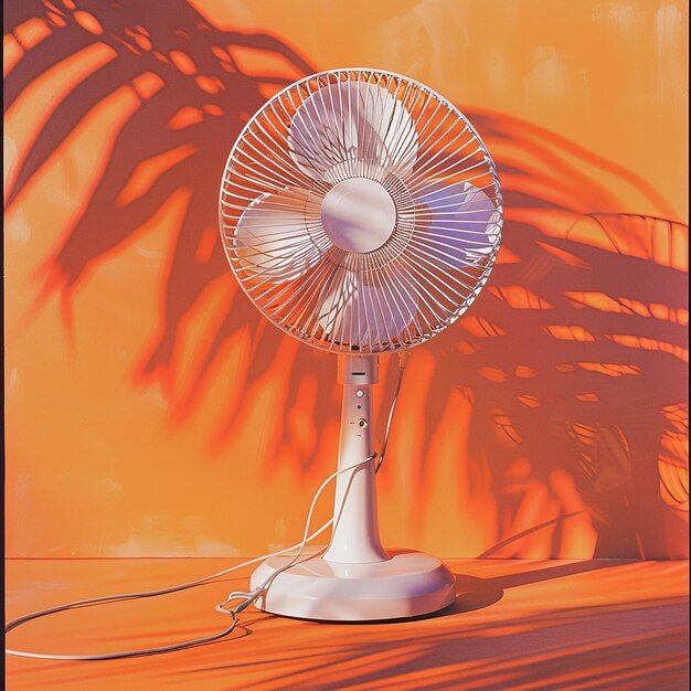 Photo a fan that is on a table with a palm tree in the background