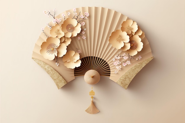 A fan with flowers on it is hanging on a wall.