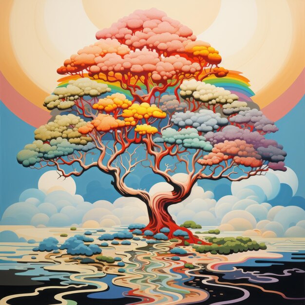 Fanciful Composition No 10 A Colorful Tree With A Rainbow