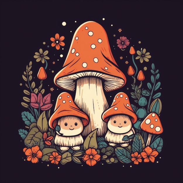 Fanciful Forest Dwellers Enchanting Line Art with Charming Gnomes and Mushrooms in a Captivating Ir