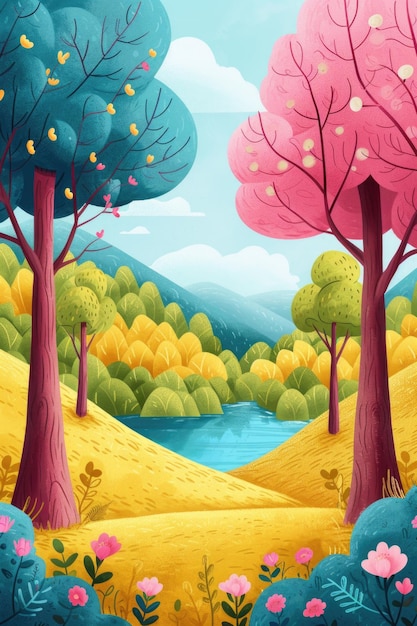 Fanciful Pink Trees and Rolling Hills in a Fantasy Landscape