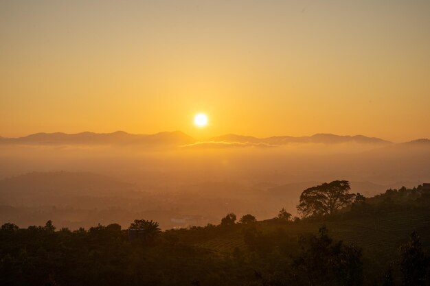 Fanciful scenery of an early morning when the sunset over the mountain range Bao Loc district Lam Dong province Vietnam