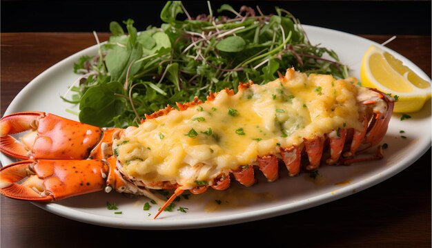 Fancy baked lobster tails are served with a garlic butter sauce in the perfect dinner thermidor