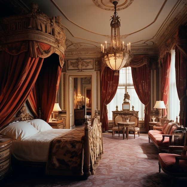 A fancy bedroom with a chandelier and a bed