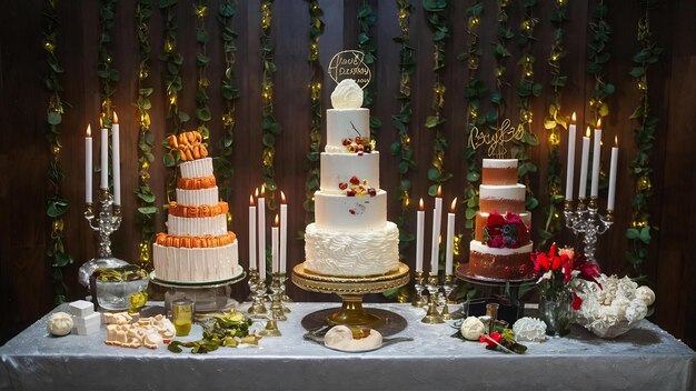 Photo fancy cakes on banquet table