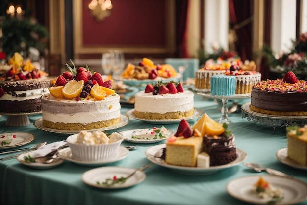 Fancy cakes on banquet table