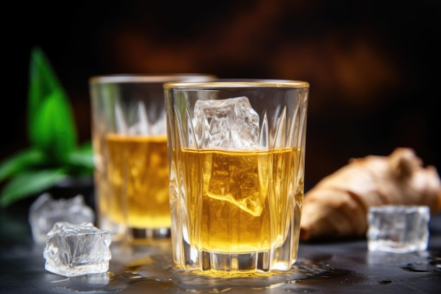 A fancy crystal shot glass full of ginger drink