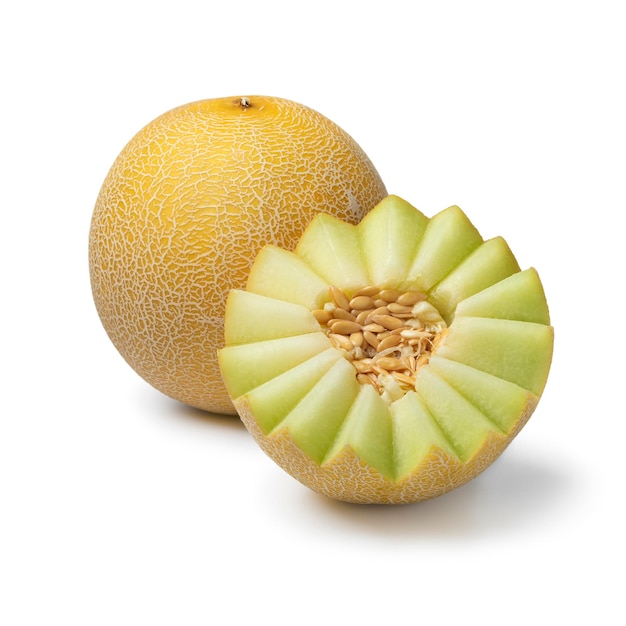 Premium Photo Fancy cut ripe whole and half galia melon on white