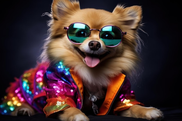 Fancy and cute gog in a disca style dress and sunglasses festive party background