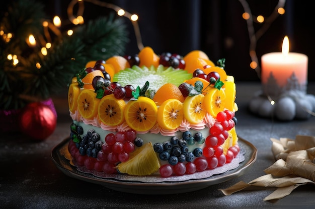 Fancy fruit cake with colorful marzipan filling and light decorations created with generative ai