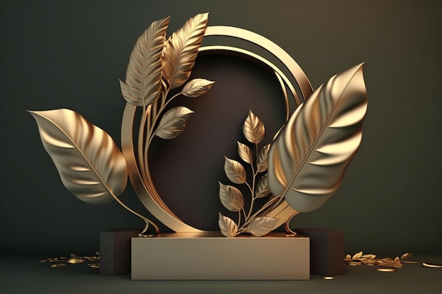 Fancy golden Foliage display podium on black background Created with Generative AI