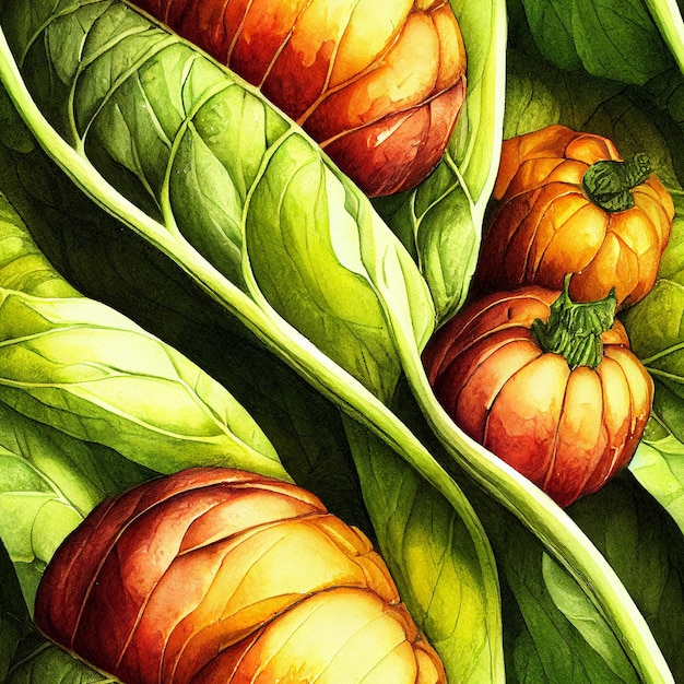 Fancy imaginative fantasy vegetables seamless repeat pattern tile. Digital paper detailed watercolor