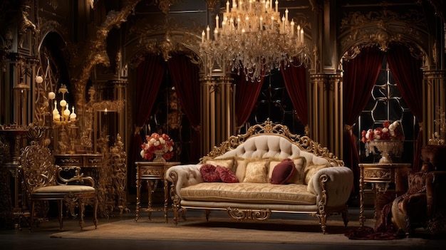写真 豪華なソファとシャンデリアの豪華なリビングルーム
