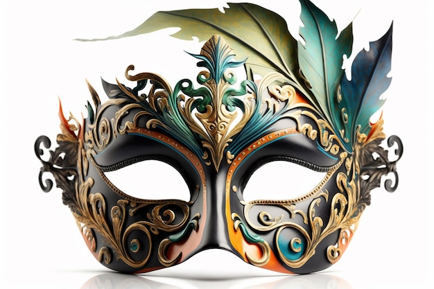 A fancy mask with ornate designs and a feather on it