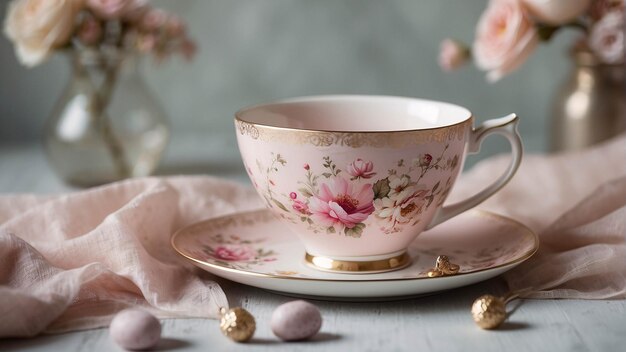 Fancy Porcelain Teacup Set with Intricate Golden Floral Design on Dining Table with Pink Flowers