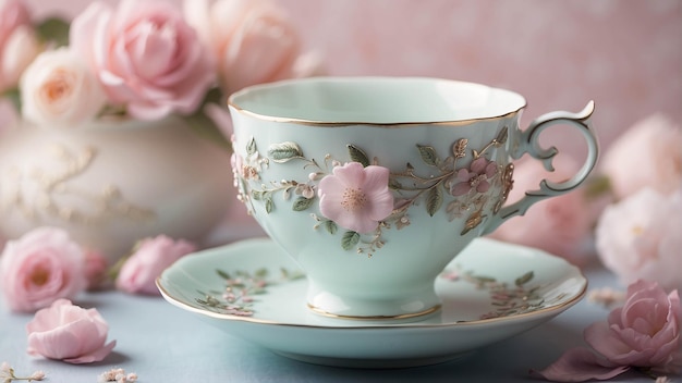 Photo fancy porcelain teacup set with intricate golden floral design on dining table with pink flowers