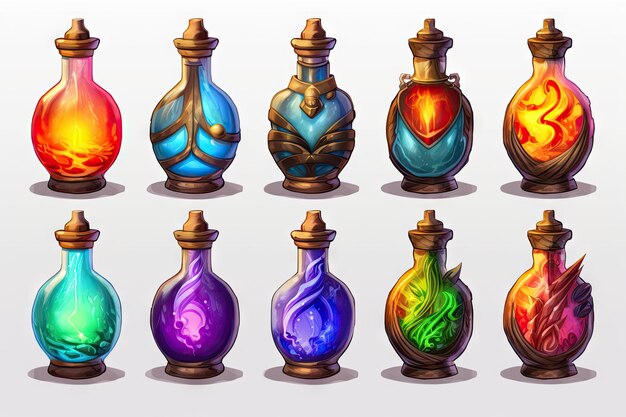 Fancy potion flessen spel elementen spritesheet mana gif op witte achtergrond