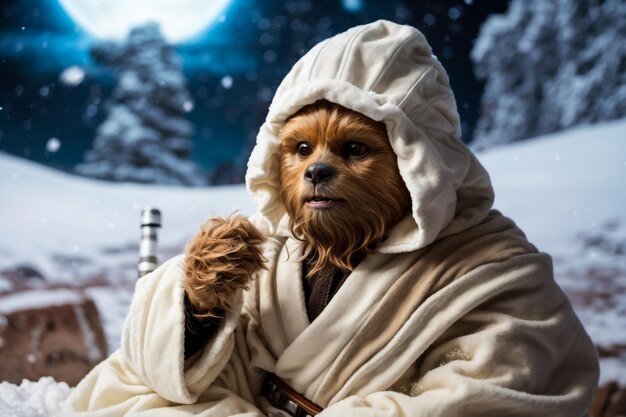 Foto cane rosso fantasioso con una barba della razza griffon di bruxelles in un cappuccio grigio isolato su bianco