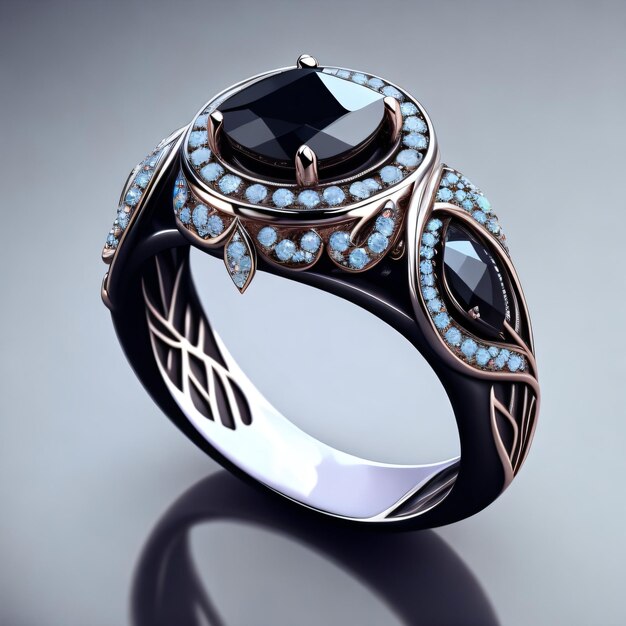 A fancy ring with a black stone and blue diamonds.