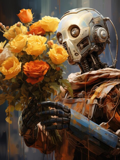 Foto un robot elegante che tiene un bouquet di fiori