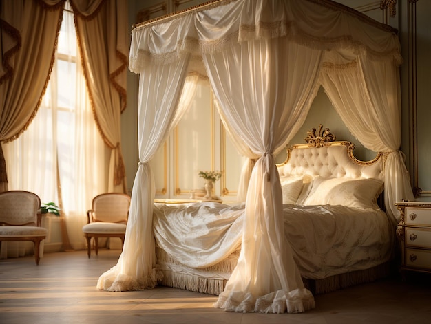 A fancy royal bedroom with a silk canopy bed