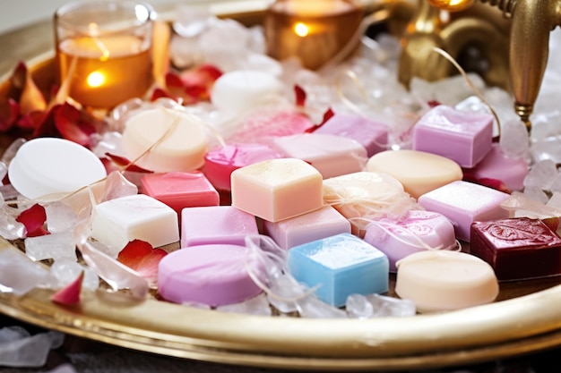 Fancy soap bars arranged around a drawn bubble bath